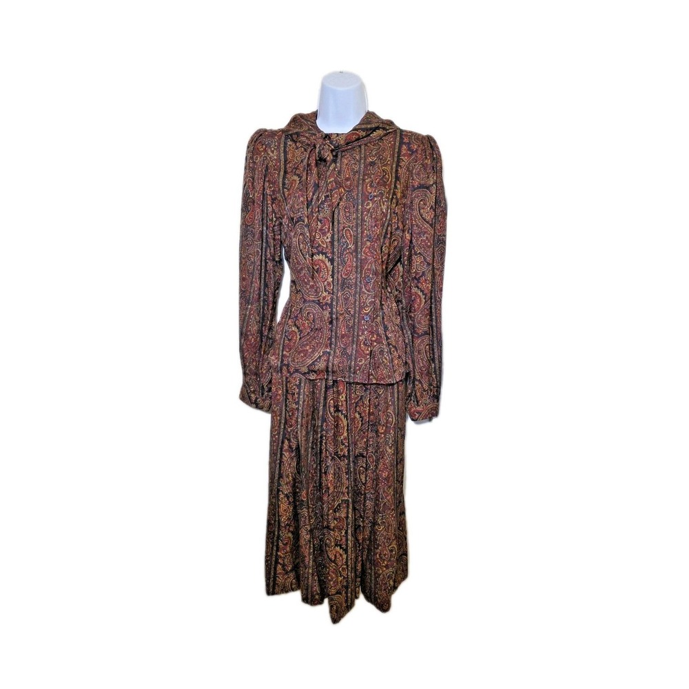 Vtg O By Oscar De La Renta 100% Silk Paisley Tie Neck Dress Skirt Blouse Set